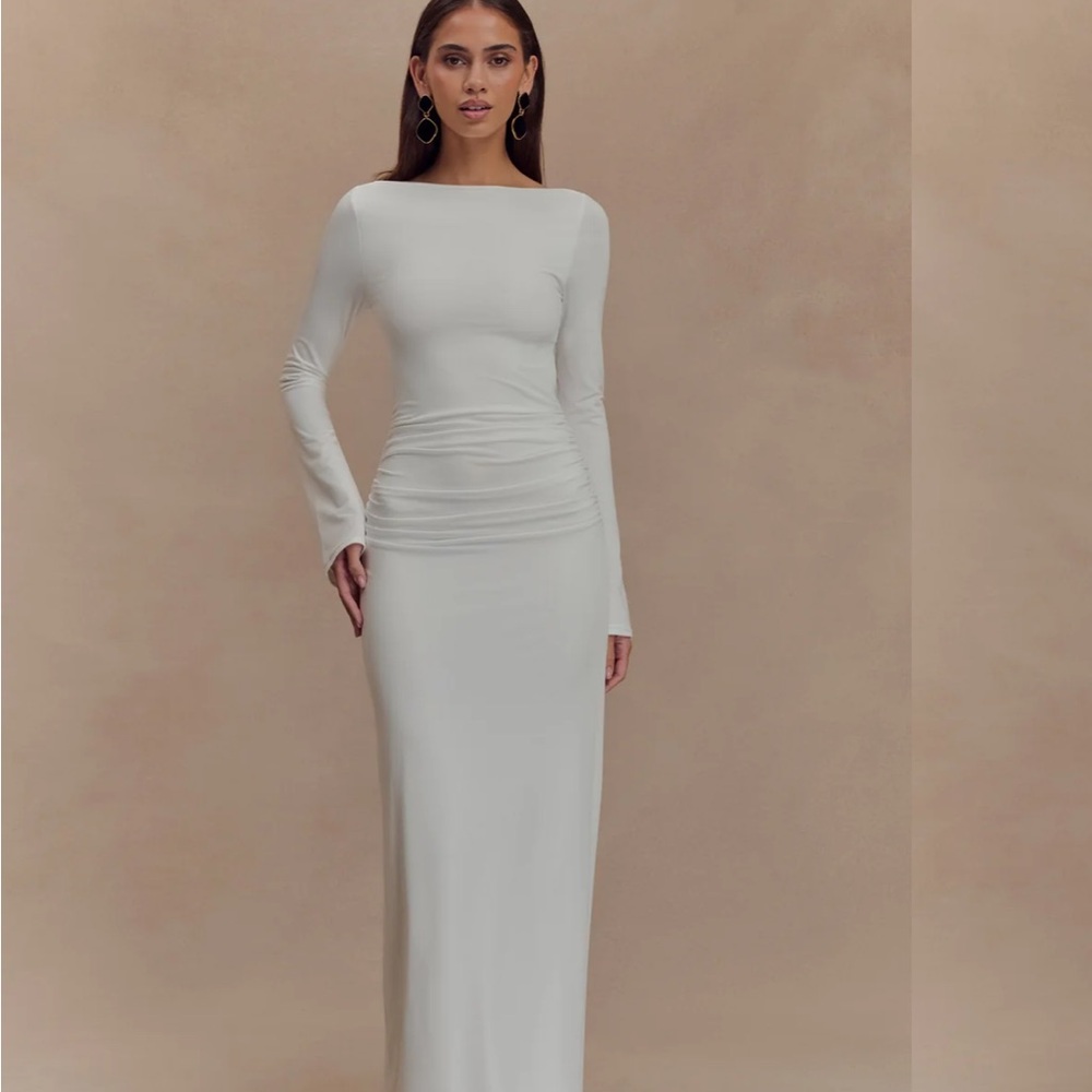 Meshki White Long Sleeve Boatneck Maxi Dress